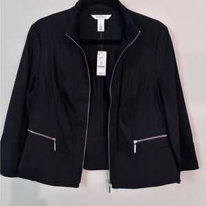 NWT White House Black Market Black Front Zip Blazer Tailored Fit 3/4 sleeves